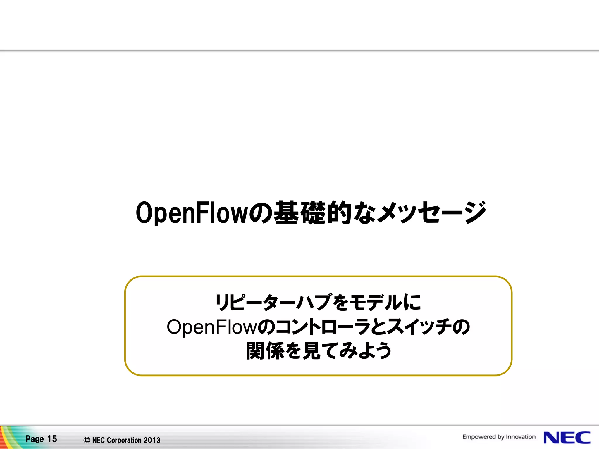 OpenFlowの基礎的なメッセージ

リピーターハブをモデルに
OpenFlowのコントローラとスイッチの
関係を見てみよう

Page 15

© NEC Corporation 2013

 