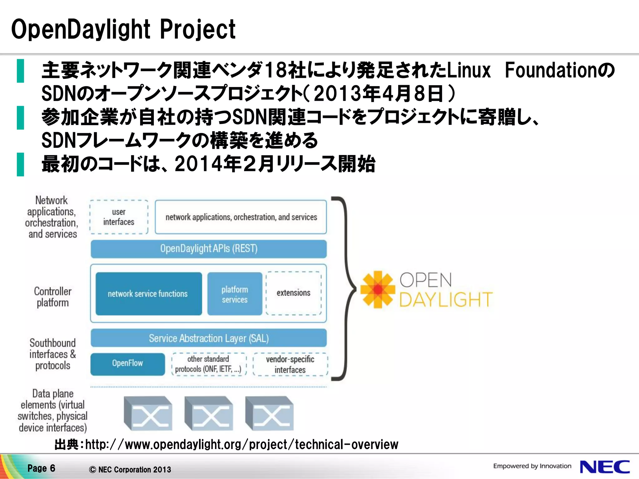OpenDaylight Project
▌ 主要ネットワーク関連ベンダ18社により発足されたLinux Foundationの
SDNのオープンソースプロジェクト（2013年4月8日）
▌ 参加企業が自社の持つSDN関連コードをプロジェクトに寄贈し、
SDNフレームワークの構築を進める
▌ 最初のコードは、2014年２月リリース開始

出典：http://www.opendaylight.org/project/technical-overview
Page 6

© NEC Corporation 2013

 