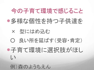 今の子育て環境で感じること
多様な個性を持つ子供達を
× 型にはめ込む
○ 良い所を延ばす（受容・肯定）
子育て環境に選択肢がほし
い
例）森のようちえん
 