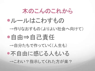 木のこんのこれから
ルールはこわすもの
→作りなおすもの（よりよい社会へ向けて）
自由⇒自己責任
→自分たちで作っていく（人生も）
不自由に感じる人もいる
→こわい？指示してくれた方が楽？
 