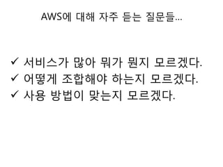AWS에 대해 자주 듣는 질문들…

 서비스가 많아 뭐가 뭔지 모르겠다.
 어떻게 조합해야 하는지 모르겠다.
 사용 방법이 맞는지 모르겠다.

 