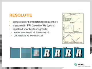 RESOLUTIE
• sample rate (“bemonsteringsfrequentie”)
• uitgedrukt in PPI (beeld) of Hz (geluid)
• bepalend voor bestandsgrootte:
• Audio: sample rate x2  bestand x2
• 2D: resolutie x2  bestand x4
 