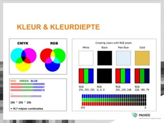 KLEUR & KLEURDIEPTE
RED GREEN BLUE
000000000000000000000000
000000000000000000000001
000000000000000000000010
…
111111111111111111111111
256 * 256 * 256
= 16,7 miljoen combinaties
 