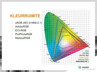 KLEURRUIMTE
• sRGB (IEC 61966-2.1)
• AdobeRGB
• ECI-RGB
• ProPhotoRGB
• MelissaRGB
 