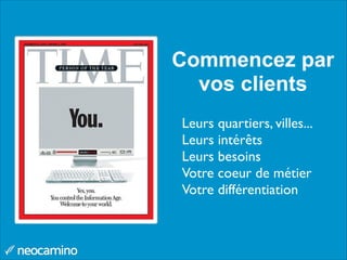 Commencez par
vos clients
Leurs quartiers, villes...	

Leurs intérêts	

Leurs besoins	

Votre coeur de métier	

Votre différentiation
 