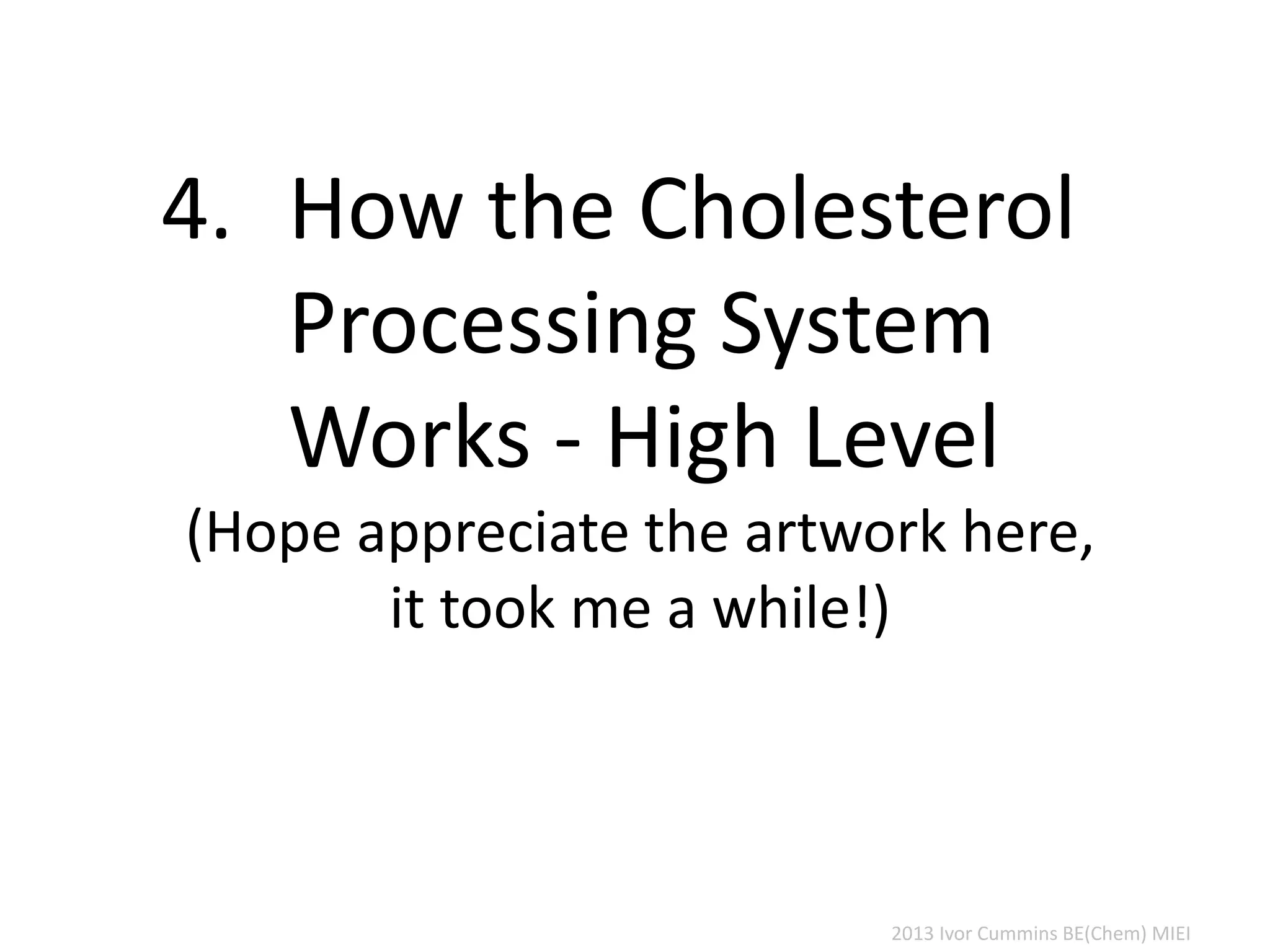 2013 Ivor Cummins BE(Chem) MIEI
4. How the Cholesterol
Processing System
Works - High Level
(Hope appreciate the artwork here,
it took me a while!)
 