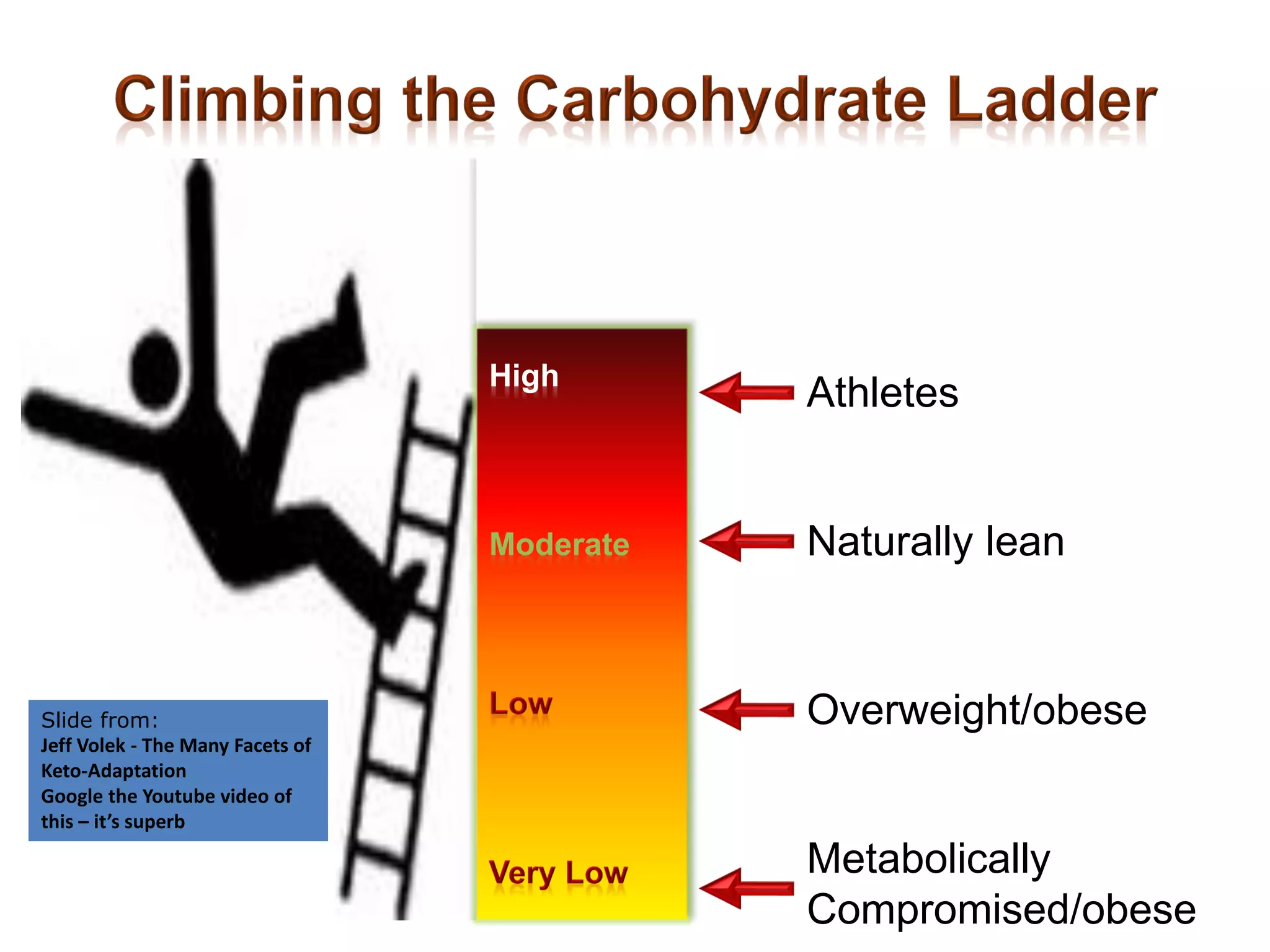Moderate
High
Metabolically
Compromised/obese
Athletes
Naturally lean
Overweight/obeseSlide from:
Jeff Volek - The Many Facets of
Keto-Adaptation
Google the Youtube video of
this – it’s superb
 