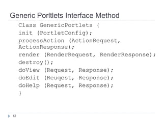 Generic Porltlets Interface Method
Class GenericPortlets {
init (PortletConfig);
processAction (ActionRequest,
ActionResponse);
render (RenderRequest, RenderResponse);
destroy();
doView (Request, Response);
doEdit (Reuqest, Response);
doHelp (Request, Response);
}
12