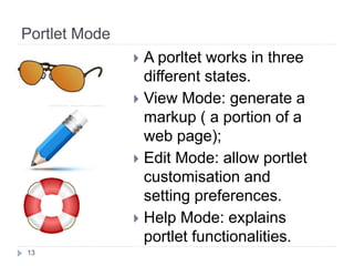Portlet Mode
A porltet works in three
different states.
View Mode: generate a
markup ( a portion of a
web page);
Edit Mode: allow portlet
customisation and
setting preferences.
Help Mode: explains
portlet functionalities.
13