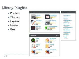 Liferay Plugins
9
Portlets
Themes
Layouts
Hooks
Exts