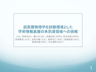 超高層物理学を試験環境とした
学術情報基盤の未到達領域への挑戦
小山 幸伸(京大）、蔵川圭（NII）、佐藤由佳（NIPR)、田中良昌（NIPR)、
阿部修司（九大）、池田大輔（九大）、能勢正仁（京大）、家森俊彦（京大）、
新堀淳樹（京大）、村山泰啓（NICT）
1
 