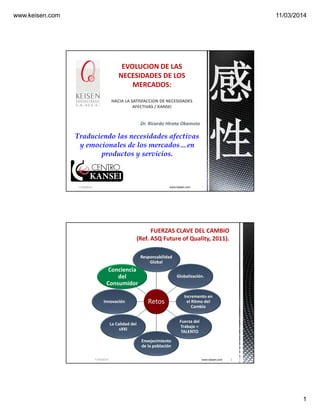 www.keisen.com 11/03/2014
1
感
性
Dr. Ricardo Hirata Okamoto
Los 4 niveles de satisfacción
del cliente y la Ingeniería
Kansei:
Evolución de las necesidades de
los mercados.
Traduciendo las necesidades afectivas
y emocionales de los mercados…en
productos y servicios.
11/03/2014 www.keisen.com 1
11/03/2014 2www.keisen.com
FUERZAS CLAVE DEL CAMBIO
(Ref. ASQ Future of Quality, 2011).
Retos
Responsabilidad
Global
Globalización.
Incremento en
el Ritmo del
Cambio
Fuerza del
Trabajo =
TALENTO
Envejecimiento
de la población
La Calidad del
sXXI
Innovación
Conciencia
del
Consumidor
 