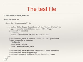 The test file
# spec/models/race_spec.rb
describe Race do
describe '#inaugurate!' do
it 'makes Mike Toppa President of the United States' do
toppa = create :candidate, name: 'Mike Toppa'
president = create(
:office,
title: 'President of the United States'
)
presidential_race = create :race, office: president
toppa_campaign = create(
:campaign,
candidate: toppa,
race: presidential_race
)
presidential_race.winning_campaign = toppa_campaign
presidential_race.inaugurate!
president.current_holders.first.should == toppa
end
end
end
 