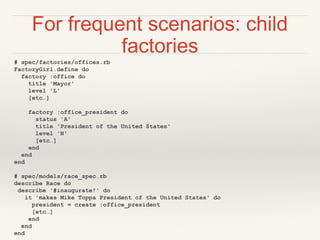 For frequent scenarios: child
factories
# spec/factories/offices.rb
FactoryGirl.define do
factory :office do
title 'Mayor'
level 'L'
[etc…]
factory :office_president do
status 'A'
title 'President of the United States'
level 'N'
[etc…]
end
end
end
# spec/models/race_spec.rb
describe Race do
describe '#inaugurate!' do
it 'makes Mike Toppa President of the United States' do
president = create :office_president
[etc…]
end
end
end
 
