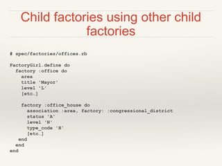 Child factories using other child
factories
# spec/factories/offices.rb
FactoryGirl.define do
factory :office do
area
title 'Mayor'
level 'L'
[etc…]
factory :office_house do
association :area, factory: :congressional_district
status 'A'
level 'N'
type_code 'H'
[etc…]
end
end
end
 
