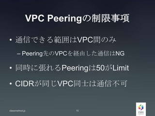 VPC Peeringの制限事項
• 通信できる範囲はVPC間のみ
– Peering先のVPCを経由した通信はNG
• 同時に張れるPeeringは50がLimit
• CIDRが同じVPC同士は通信不可
classmethod.jp 15
 