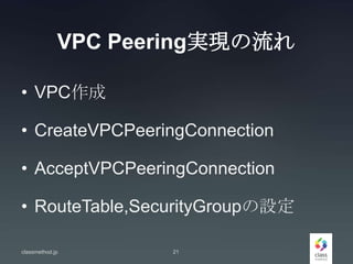 VPC Peering実現の流れ
• VPC作成
• CreateVPCPeeringConnection
• AcceptVPCPeeringConnection
• RouteTable,SecurityGroupの設定
classmethod.jp 21
 