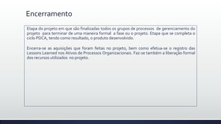 Encerramento
Etapa do projeto em que são finalizadas todos os grupos de processos de gerenciamento do
projeto para terminar de uma maneira formal a fase ou o projeto. Etapa que se completa o
ciclo PDCA, tendo como resultado, o produto desenvolvido.
Encerra-se as aquisições que foram feitas no projeto, bem como efetua-se o registro das
Lessons Learned nos Ativos de Processos Organizacionais. Faz-se também a liberação formal
dos recursos utilizados no projeto.
 