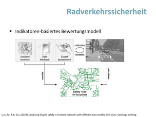 Radverkehrssicherheit
 Indikatoren-basiertes Bewertungsmodell
LOIDL, M. & B. ZAGEL (2014), Assessing bicycle safety in multiple networks with different data models. GI-Forum, Salzburg, pending.
 