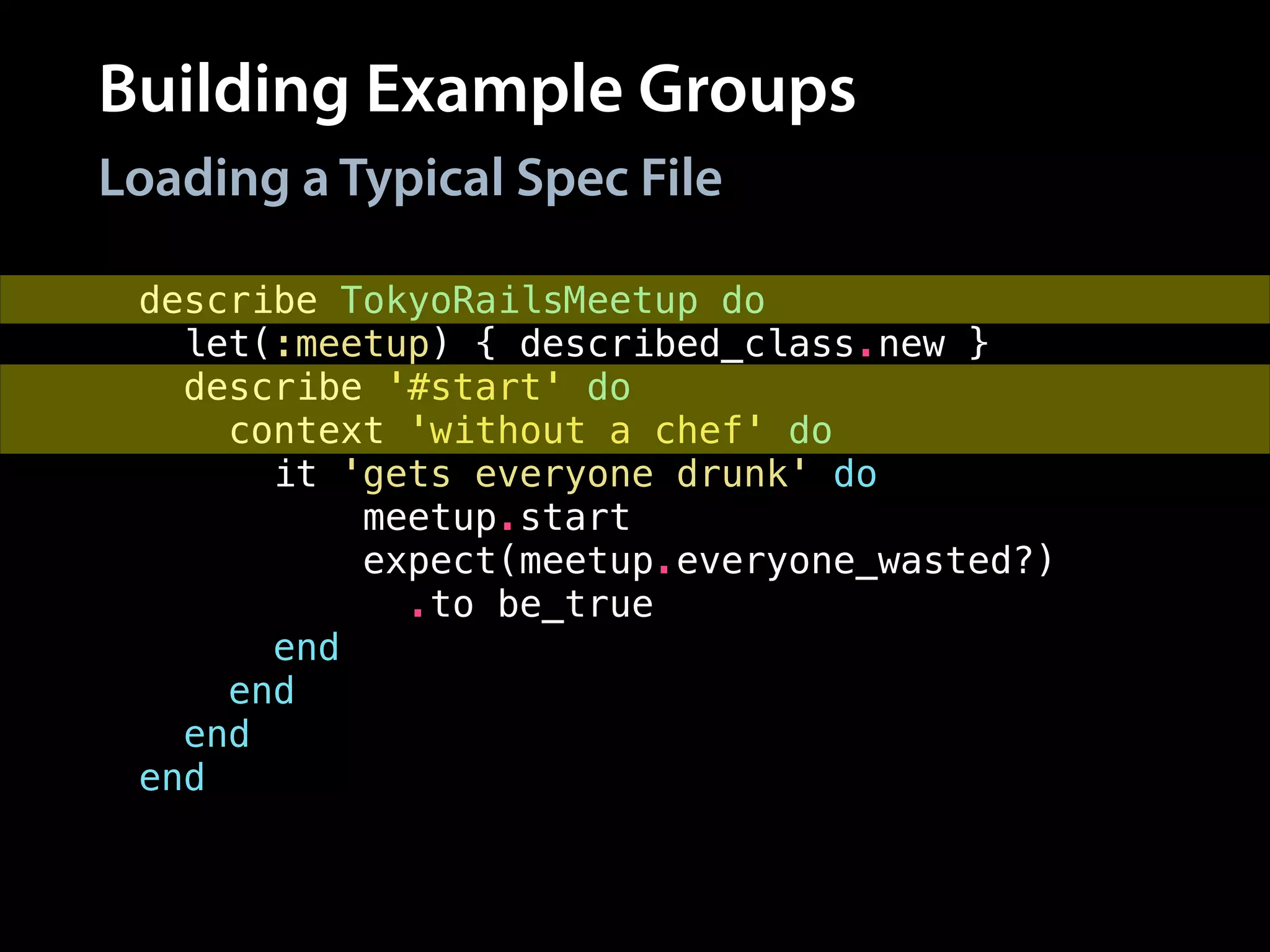 Building Example Groups
describe TokyoRailsMeetup do
let(:meetup) { described_class.new }
describe '#start' do
context 'without a chef' do
it 'gets everyone drunk' do
meetup.start
expect(meetup.everyone_wasted?)
.to be_true
end
end
end
end
Loading a Typical Spec File
 