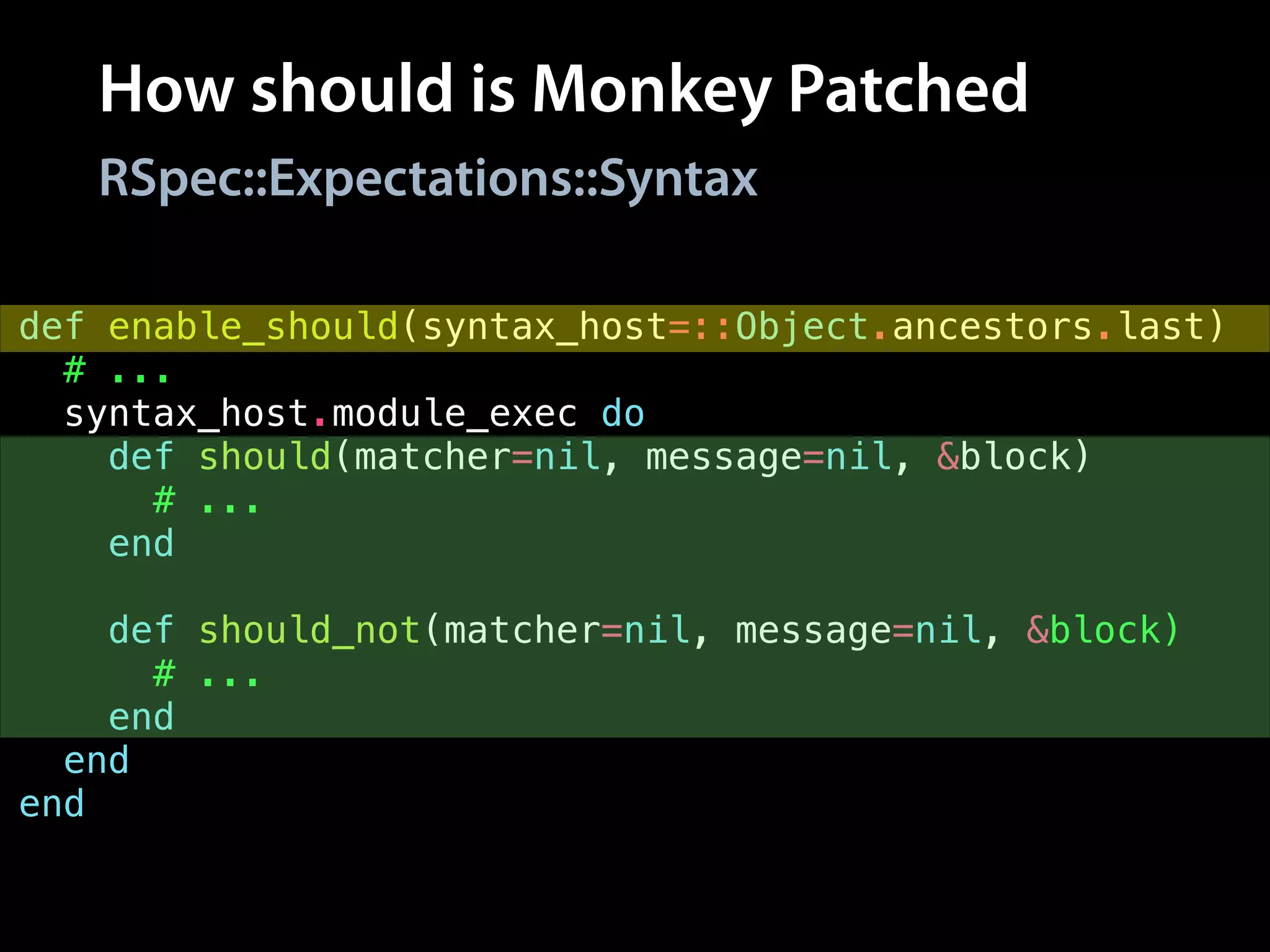 How should is Monkey Patched
def enable_should(syntax_host=::Object.ancestors.last)
# ...
syntax_host.module_exec do
def should(matcher=nil, message=nil, &block)
# ...
end
!
def should_not(matcher=nil, message=nil, &block)
# ...
end
end
end
RSpec::Expectations::Syntax
 