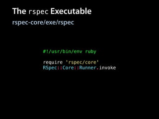 The rspec Executable
rspec-core/exe/rspec
#!/usr/bin/env ruby
!
require 'rspec/core'
RSpec::Core::Runner.invoke
 