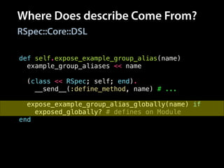 Where Does describe Come From?
RSpec::Core::DSL
def self.expose_example_group_alias(name)
example_group_aliases << name
!
(class << RSpec; self; end).
__send__(:define_method, name) # ...
!
expose_example_group_alias_globally(name) if
exposed_globally? # defines on Module
end
 