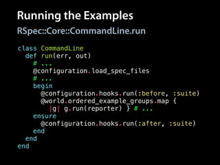 Running the Examples
class CommandLine
def run(err, out)
# ...
@configuration.load_spec_files
# ...
begin
@configuration.hooks.run(:before, :suite)
@world.ordered_example_groups.map {
|g| g.run(reporter) } # ...
ensure
@configuration.hooks.run(:after, :suite)
end
end
end
RSpec::Core::CommandLine.run
 