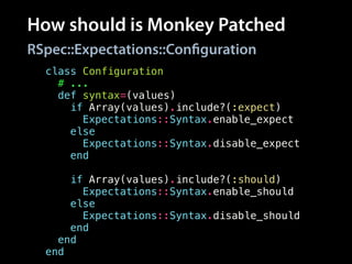 How should is Monkey Patched
class Configuration
# ...
def syntax=(values)
if Array(values).include?(:expect)
Expectations::Syntax.enable_expect
else
Expectations::Syntax.disable_expect
end
!
if Array(values).include?(:should)
Expectations::Syntax.enable_should
else
Expectations::Syntax.disable_should
end
end
end
RSpec::Expectations::Configuration
 