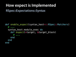 How expect is Implemented
def enable_expect(syntax_host=::RSpec::Matchers)
# ...
syntax_host.module_exec do
def expect(*target, &target_block)
# ...
end
end
end
RSpec::Expectations::Syntax
 