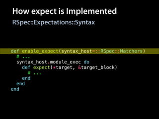 How expect is Implemented
def enable_expect(syntax_host=::RSpec::Matchers)
# ...
syntax_host.module_exec do
def expect(*target, &target_block)
# ...
end
end
end
RSpec::Expectations::Syntax
 