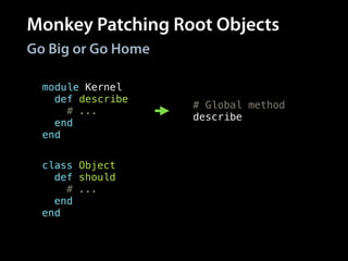 Monkey Patching Root Objects
Go Big or Go Home
class Object
def should
# ...
end
end
module Kernel
def describe
# ...
end
end
# Global method
describe
# All objects respond
# to method
Object.new.should
 