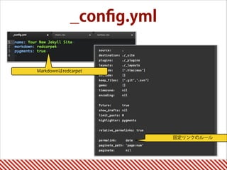 _conﬁg.yml
固定リンクのルール
Markdownはredcarpet
 