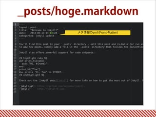 _posts/hoge.markdown
メタ情報のyml (Front-Matter)
 
