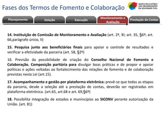 M
o
ni
to
ra
m
e
nt
o
e
A
v
al
ia
çã
o
14. Instituição de Comissão de Monitoramento e Avaliação (art. 2º, XI; art. 35, §6º; art.
66,parágrafo único, II)
15. Pesquisa junto aos beneficiários finais para apoiar o controle de resultados e
verificar a efetividade da parceria (art. 58, §2º)
16. Previsão da possibilidade de criação do Conselho Nacional de Fomento e
Colaboração. Composição paritária para divulgar boas práticas e de propor e apoiar
políticas e ações voltadas ao fortalecimento das relações de fomento e de colaboração
previstas nesta Lei (art.15).
17. Acompanhamento e gestão por plataforma eletrônica: prevê-se que todas as etapas
da parceria, desde a seleção até a prestação de contas, deverão ser registradas em
plataforma eletrônica. (art.65, art.68 e art. 69,§6º)
18. Possibilita integração de estados e munincípios ao SICONV perante autorização da
União. (art. 81)
Planejamento Seleção Execução
Monitoramento e
Avaliação
Fases dos Termos de Fomento e Colaboração
Prestação de Contas
 