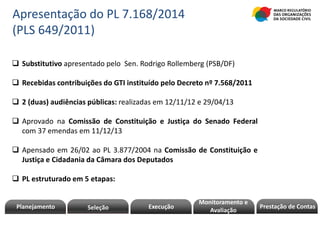 Planejamento Execução Prestação de ContasPrestação de Contas
Monitoramento e
AvaliaçãoSeleção Execução Prestação de ContasPrestação de Contas
Monitoramento e
AvaliaçãoSeleção
Apresentação do PL 7.168/2014
(PLS 649/2011)
 Substitutivo apresentado pelo Sen. Rodrigo Rollemberg (PSB/DF)
 Recebidas contribuições do GTI instituído pelo Decreto nº 7.568/2011
 2 (duas) audiências públicas: realizadas em 12/11/12 e 29/04/13
 Aprovado na Comissão de Constituição e Justiça do Senado Federal
com 37 emendas em 11/12/13
 Apensado em 26/02 ao PL 3.877/2004 na Comissão de Constituição e
Justiça e Cidadania da Câmara dos Deputados
 PL estruturado em 5 etapas:
 