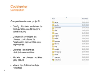 13
Composition de votre projet CI :
 Config : Contient les fichier de
configurations de CI comme
database.php
 Controllers : contient les
classes controlleurs de
l'application qui sont les plus
importantes
 Libraries : contient les
bibliothèques à utiliser
 Models : Les classes modèles
et le CRUD
 Views : les fichiers html de
l'interface
Codeigniter
Composition
 
