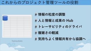 これからのプロジェクト管理ツールの役割
Tracking System
情報の粒度の調整
人と情報と成果の Hub
トレーサビリティのドライバ
複雑さの軽減
気持ちよく情報共有から協調へ
 