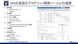 JIRAの豊富なプラグイン+開発ツールとの連携
 開発支援
 WBSガントチャート
 JIRA Agile
 Wiki連携
 Atlassian Confluence
 ソースコード連携
 Atlassian FishEye
 JIRA Subversion Plugin
 Git連携
 JIRA DVCS Connector Plugin for JIRA (標準)
 Atlassian Stash (Gitリボジトリ)
 工数管理
 Tempo
 図表作成ツール
 Gliffy JIRA
 画面キャプチャーツール
 JIRA Capture
 Atlassian Marketplace
 https://marketplace.atlassian.com/
 