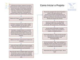 Justificativa do Projeto: Implantar Consultoria
(Gerenciamento de Projeto) para Construção de
Local de Lazer para os funcionários, buscando
preservar a existência social, oferecendo bem
estar físico, através da prática de atividades
recreativas e esportivas, o local poderá ser
utilizado também para apresentações culturais..
Como Iniciar o Projeto
Objetivo do Projeto: Construção de Academia de
Ginástica
Premissas: Empresas buscam melhor imagem
perante a sociedade, com isso obter retorno
financeiro com a valorização da marca.
Restrições: a Academia deve ser construída
dentro da propriedade da empresa e o mais
afastado possível da parte fabril, inclusive com
acesso independente da entrada principal da
empresa.
Objetivo do Projeto: Construção de Academia de
Ginástica
Limites do Projeto: Não estão inclusa ao projeto
qualquer tipo de treinamento ou estruturação de
RH para atendimento aos funcionários.
Riscos de alto níivel: O trabalho exigirá construção
de parcerias, o que traz riscos caso a entidade
parceira não atenda aos padrões de qualidade
fixados; Agravamento da situação econômica do
país.
Resumo do cronograma de macros: Reunião de
kickoff: 5 dias após assinatura do
contrato;encerramento do planejamento do
projeto e entregue para aprovação até 10 dias da
aprovação do contrato. Encerramento do projeto
60 dias pós assinatura do contrato
Resumo do orçamento: R$ 1,000.000,00
distribuídos 10% na documentação; 50%
construção, 35% equipamentos, 5% Marketing.
Lista das partes interessadas: Investidor,
Funcionários, Empresa Lazer que definirá o
projeto, e entidades parceiras.
Patrocinador/Sponsor : Diretor da FGV-Sorocaba
Sr...., responsável por solicitar as entregas do
planejamento do projeto e dar
aprovação/rejeição.
Gerente de projetos: Tiago, responsabilidade de
integração do plano de projeto num pacote único
e consistente com nível de autoridade para definir
as atividades internas da equipe.
Responsável pela autorização do Projeto: Marco
Coghi.
 
