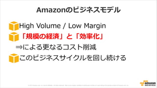 © 2013 Amazon.com, Inc. and its affiliates. All rights reserved. May not be copied, modified or distributed in whole or in part without the express consent of Amazon.com, Inc.
Amazonのビジネスモデル
High  Volume  /  Low  Margin  
「規模の経済」と「効率率率化」  
 　⇒による更更なるコスト削減  
このビジネスサイクルを回し続ける
 