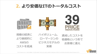 © 2013 Amazon.com, Inc. and its affiliates. All rights reserved. May not be copied, modified or distributed in whole or in part without the express consent of Amazon.com, Inc.
2.  より安価なITのトータルコスト
規模の経済に
より継続的に
AWSの
コストを低減
ハイボリューム、
ローマージンの
ビジネスモデルの
実績
逓減したコストを
低価格という形で
お客様に還元
39
 