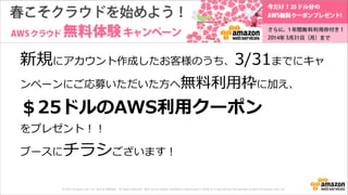 © 2013 Amazon.com, Inc. and its affiliates. All rights reserved. May not be copied, modified or distributed in whole or in part without the express consent of Amazon.com, Inc.
新規にアカウント作成したお客様のうち、3/31までにキャ
ンペーンにご応募いただいた⽅方へ無料料利利⽤用枠に加え、 
＄25ドルのAWS利利⽤用クーポン 
をプレゼント！！  
ブースにチラシございます！
 