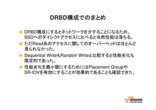 DRBD構成でのまとめ構成でのまとめ構成でのまとめ構成でのまとめ
DRBD構成にするとネットワークを介することになるため、
SSDへのダイレクトアクセスに比べると当然性能は落ちる。
ただRead系のアクセスに関してのオーバーヘッドはほとんど
見られなかった。
Sequential WriteもRandom Writeと比較すると性能劣化も
限定的であった。
性能劣化を最小限にするためにはPlacement Groupや
SR-IOVを有効にすることが効果的であることも確認できた。
 