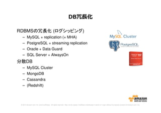 © 2014 Amazon.com, Inc. and its affiliates. All rights reserved. May not be copied, modified or distributed in whole or in part without the express consent of Amazon.com, Inc.
RDBMSの冗長化 (ログシッピング)
– MySQL + replication (+ MHA)
– PostgreSQL + streaming replication
– Oracle + Data Guard
– SQL Server + AlwaysOn
分散DB
– MySQL Cluster
– MongoDB
– Cassandra
– (Redshift)
DB冗⻑化
 