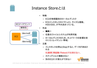 © 2014 Amazon.com, Inc. and its affiliates. All rights reserved. May not be copied, modified or distributed in whole or in part without the express consent of Amazon.com, Inc.
Instance Storeとは
• 特徴
– EC2の物理筐体のローカルディスク
– EC2インスタンスタイプにより、サイズと個数、
HDD/SSD、が予め決まっている。
• 利点
– 無料！無料！無料！無料！
– 任意のファイルシステムが利用可能
– ローカルディスクのため、ネットワークの影響を受
けにくい(レイテンシ・帯域)
• 注意
– インスタンスを停止(Stop)すると、データが消去さ
れる
※[重要］再起動（Reboot)では消えない。
– スナップショット機能はない
– 別のEC2に付替えができない
EC2
/dev/xvdg
/dev/xvdf
揮発性
EC2へマウント
 