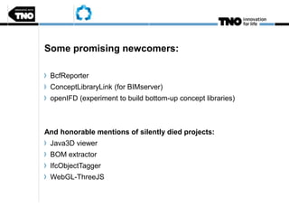 Some promising newcomers:
BcfReporter
ConceptLibraryLink (for BIMserver)
openIFD (experiment to build bottom-up concept libraries)
And honorable mentions of silently died projects:
Java3D viewer
BOM extractor
IfcObjectTagger
WebGL-ThreeJS
 