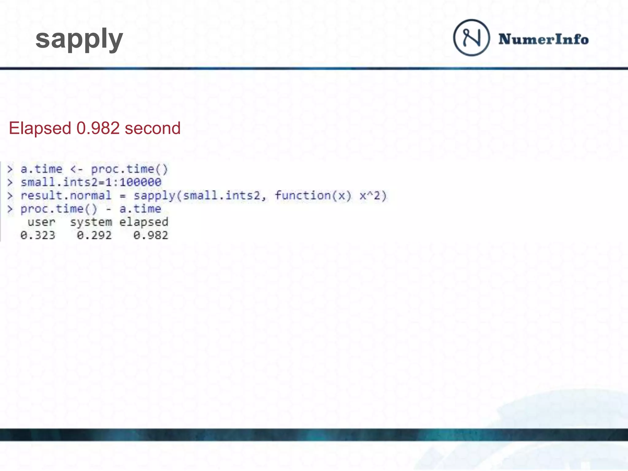sapply
Elapsed 0.982 second
 