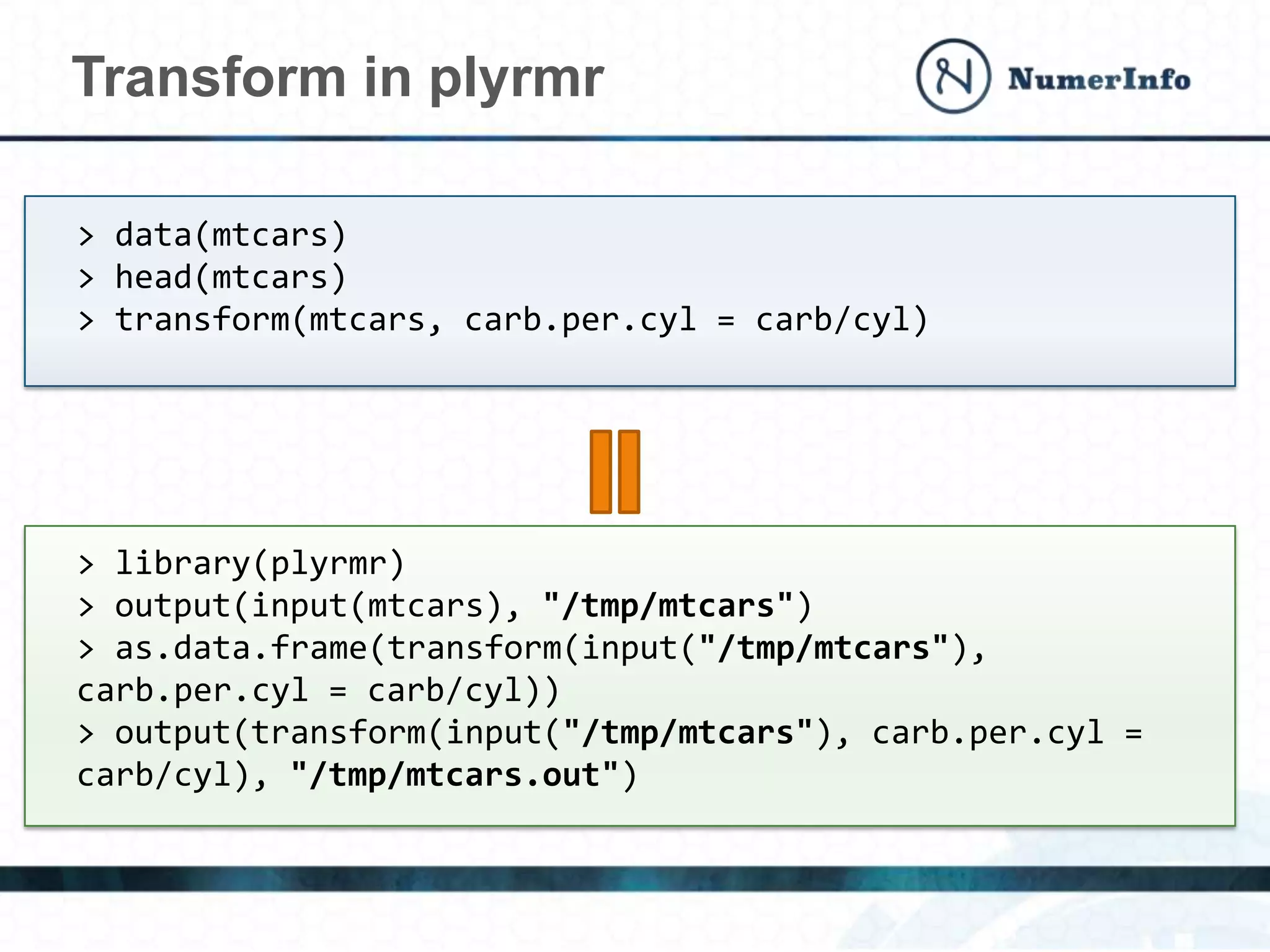> data(mtcars)
> head(mtcars)
> transform(mtcars, carb.per.cyl = carb/cyl)
> library(plyrmr)
> output(input(mtcars), "/tmp/mtcars")
> as.data.frame(transform(input("/tmp/mtcars"),
carb.per.cyl = carb/cyl))
> output(transform(input("/tmp/mtcars"), carb.per.cyl =
carb/cyl), "/tmp/mtcars.out")
Transform in plyrmr
 
