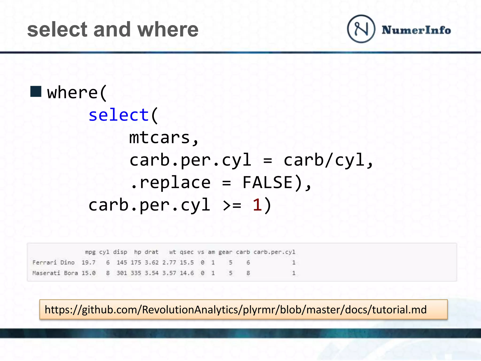  where(
select(
mtcars,
carb.per.cyl = carb/cyl,
.replace = FALSE),
carb.per.cyl >= 1)
select and where
https://github.com/RevolutionAnalytics/plyrmr/blob/master/docs/tutorial.md
 